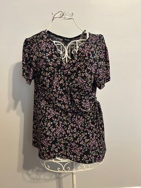 torrid Black Floral Wrap Blouse with Pink and Blue Sprigs